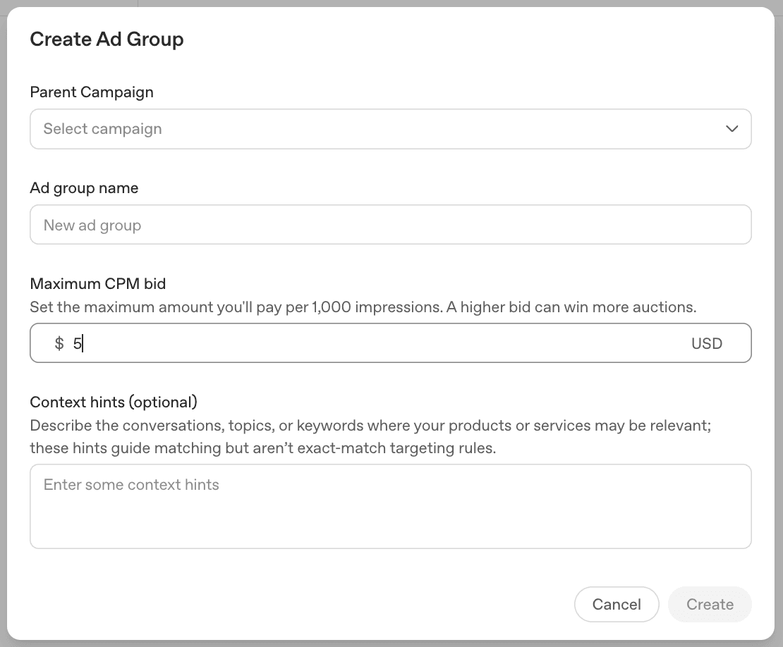 ChatGPT Ads Manager "Create Ad Group" form showing the Context Hints textarea, with placeholder guidance to describe the conversations, topics, or keywords where a product or service may be relevant