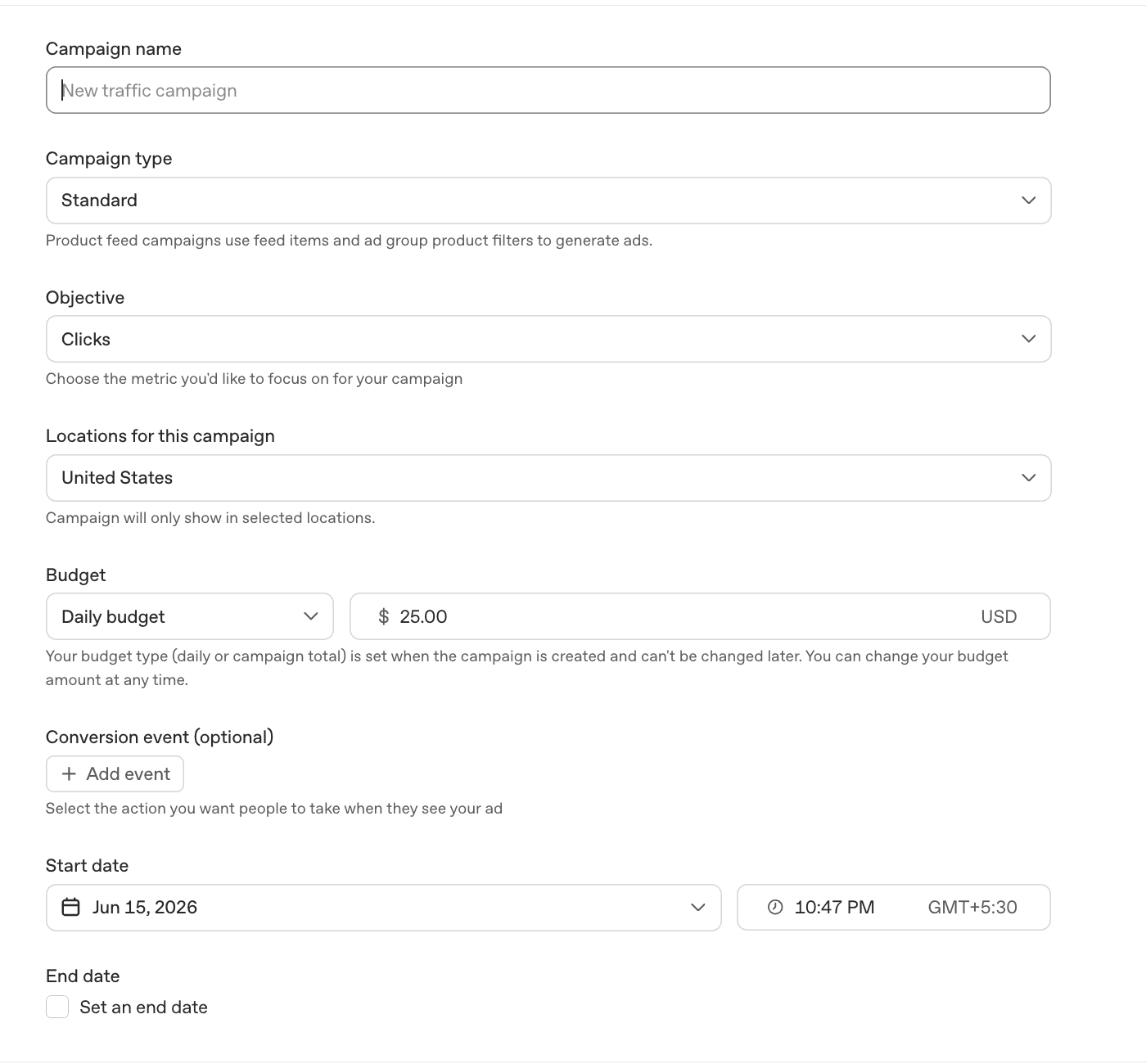 ChatGPT Ads Manager "Create Campaign" form showing the campaign name field, campaign type, objective set to Clicks, location targeting set to United States, a $25 daily budget, conversion event selection, and start/end date pickers