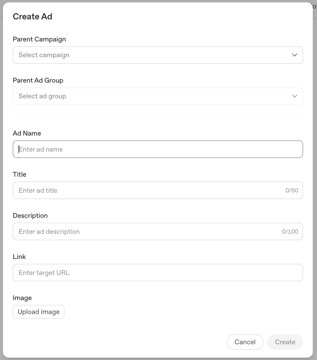 ChatGPT Ads Manager "Create Ad" form showing Parent Campaign and Ad Group dropdowns, Ad Name field, Title field with a 50-character limit, Description field with a 100-character limit, Link field, and square image upload